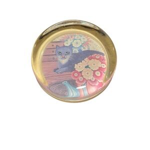 Sharon Jervis Glass Cat Flowers 2-3/4" Paperweight England Vintage Cottagecore